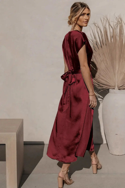 Robe longue fluide ceinturée à manches courtes Eliane