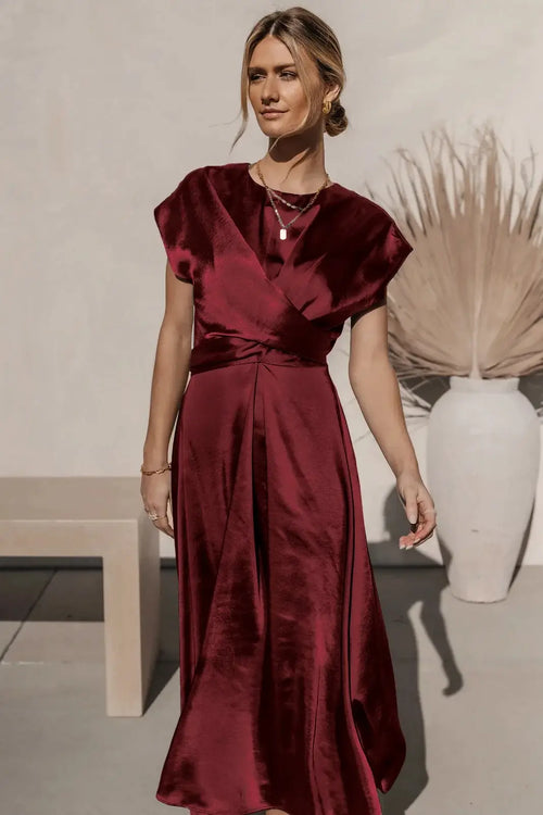 Robe longue fluide ceinturée à manches courtes Eliane - Bordeaux / XS