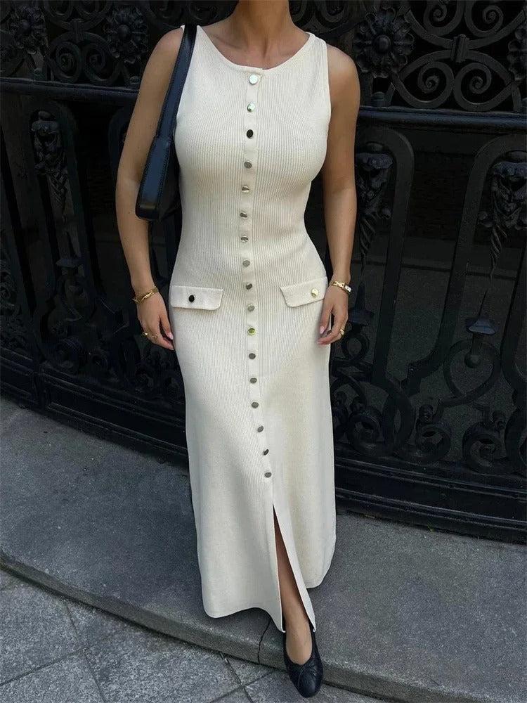 Robe Longue Sans Manches Boutonnée Riviera-Blanc-