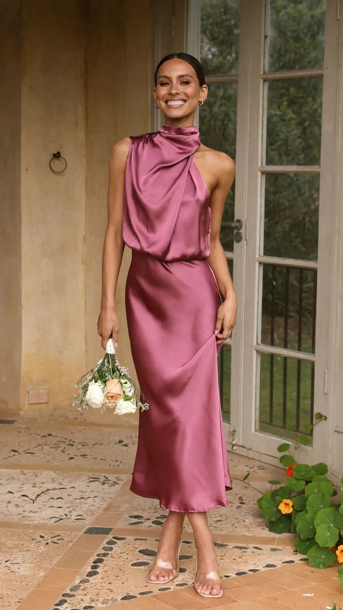 Robe Longue Satinée à Col Drapé Judith - Rose / 34