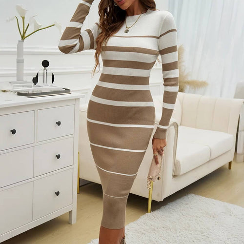 Robe Mi-Longue Moulante Rayée Deauville - Beige / 34