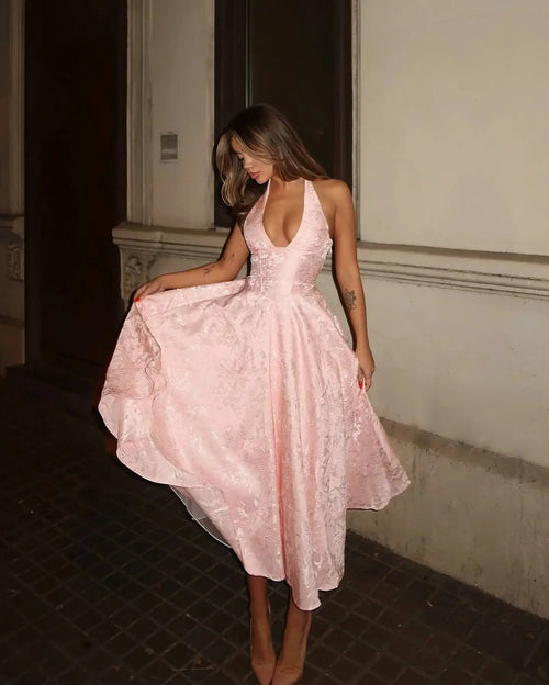 Robe Midi Jacquard à Col Halter Élise