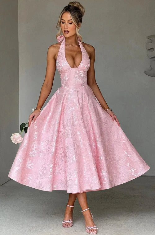 Robe Midi Jacquard à Col Halter Élise