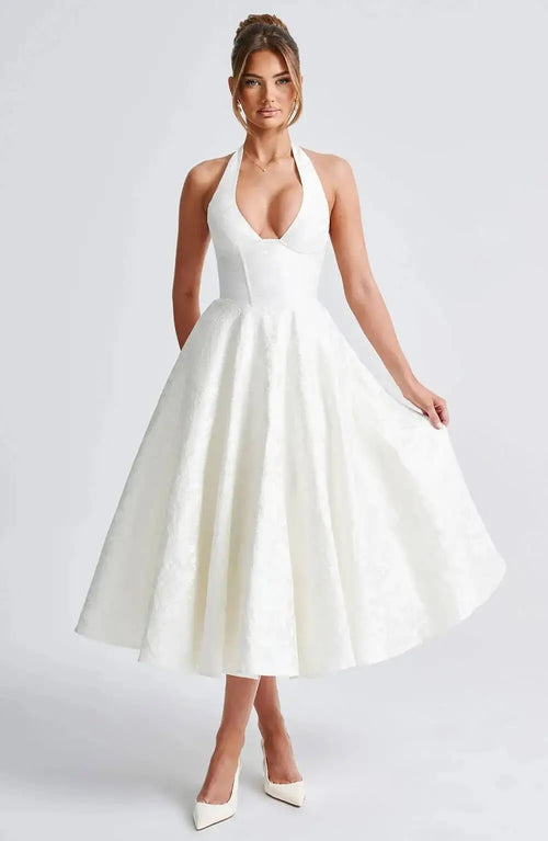 Robe Midi Jacquard à Col Halter Élise - Blanc / XS