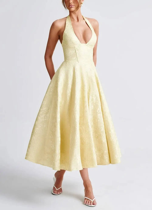 Robe Midi Jacquard à Col Halter Élise - Jaune / XS