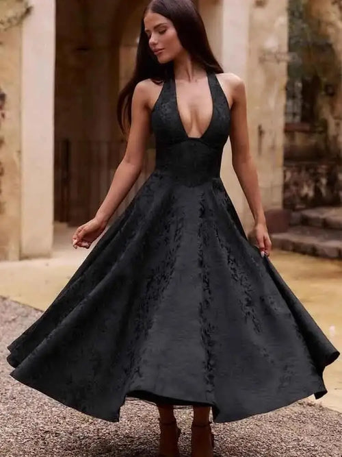 Robe Midi Jacquard à Col Halter Élise - Noir / XS