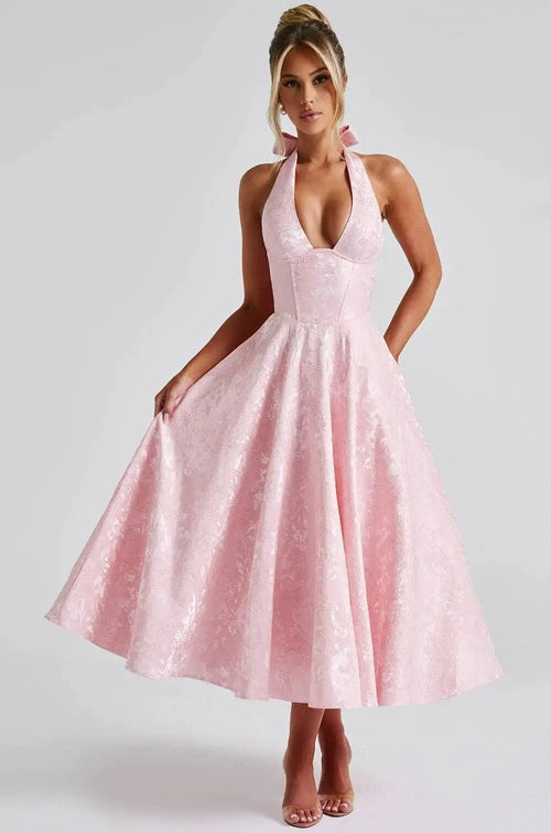 Robe Midi Jacquard à Col Halter Élise - Rose / XS