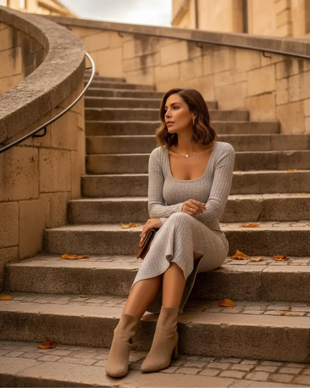 Robe Midi Moulante en Maille Côtelée Laurène-Gris-