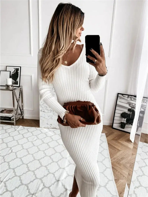 Robe Midi Moulante en Maille Côtelée Solène - Blanc / XS