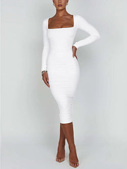 Robe Midi Plissée à Col Carré Alba - Blanc / 34
