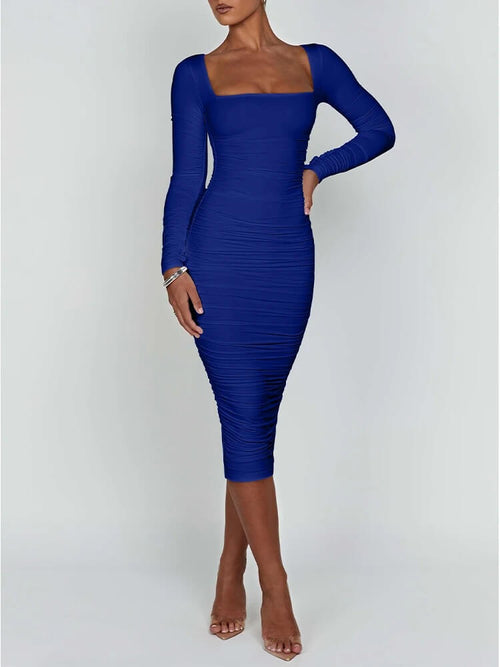 Robe Midi Plissée à Col Carré Alba - Bleu / 34