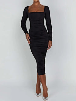 Robe Midi Plissée à Col Carré Alba - Noir / 34