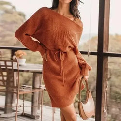 Robe Pull à Col Large et Ceinture Oriane