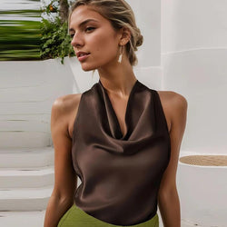 Top en Satin à Col Drapé Aveline - Brun / 34